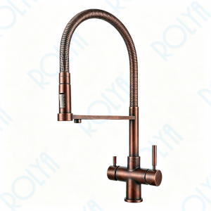  ROLYA 2026 NEW Pull Out Spring Five Way Faucet 5-in-1 Kitchen Sink Mixer Tap Distressed Antique Copper KF5266-DA